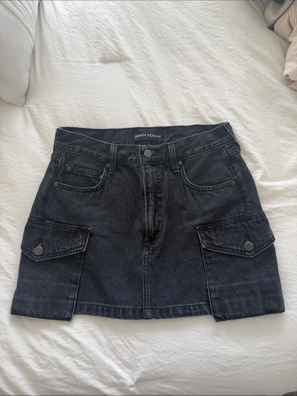 Denim Forum Black Cargo Pocket Denim Mini Skirt